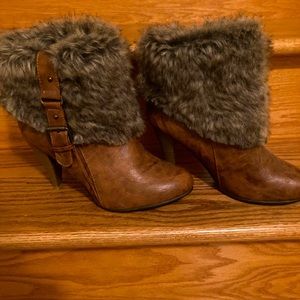 Brown Heeled Ankle Boots Fur Trim